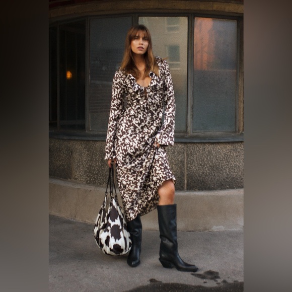 ZARA ~ Printed Satin Effect Midi Dress with Ruffles - Picture 3 of 12